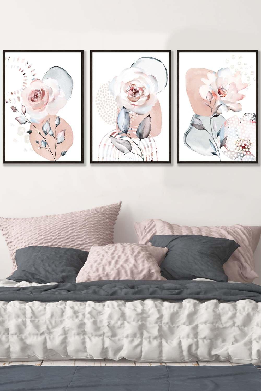 Set of 3 Black Framed Abstract Blush Pink Botanical Wall Art